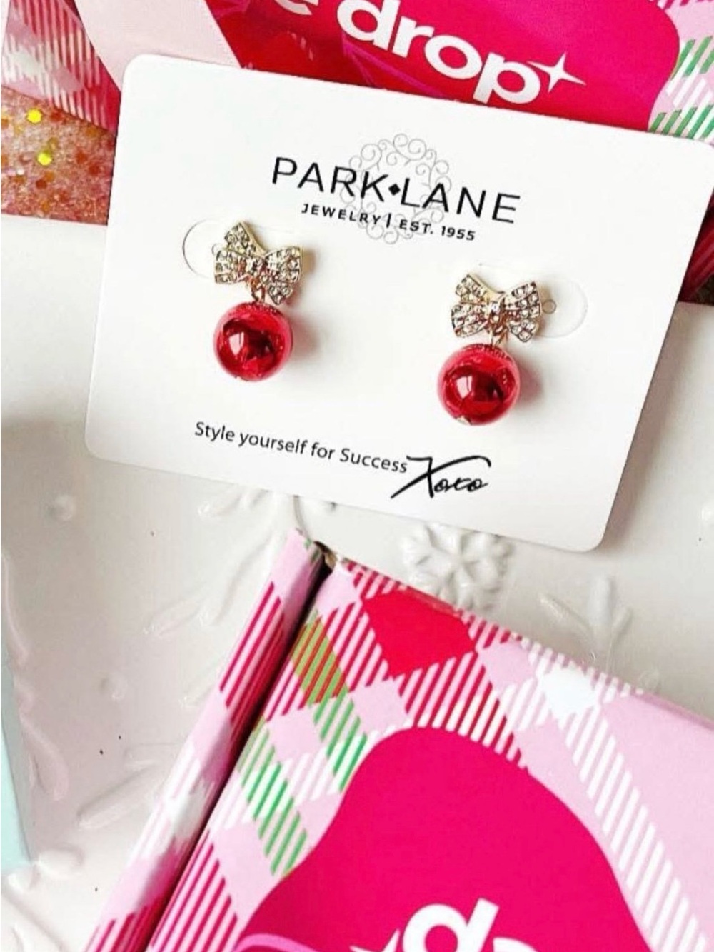 Park Lane Dazzle Drop Crystal Bow with Red Bauble Stud Earrings NWT